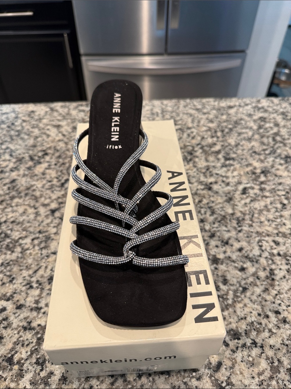 Anne Klein Black Slide Sandal with Sparkling Strap Accents